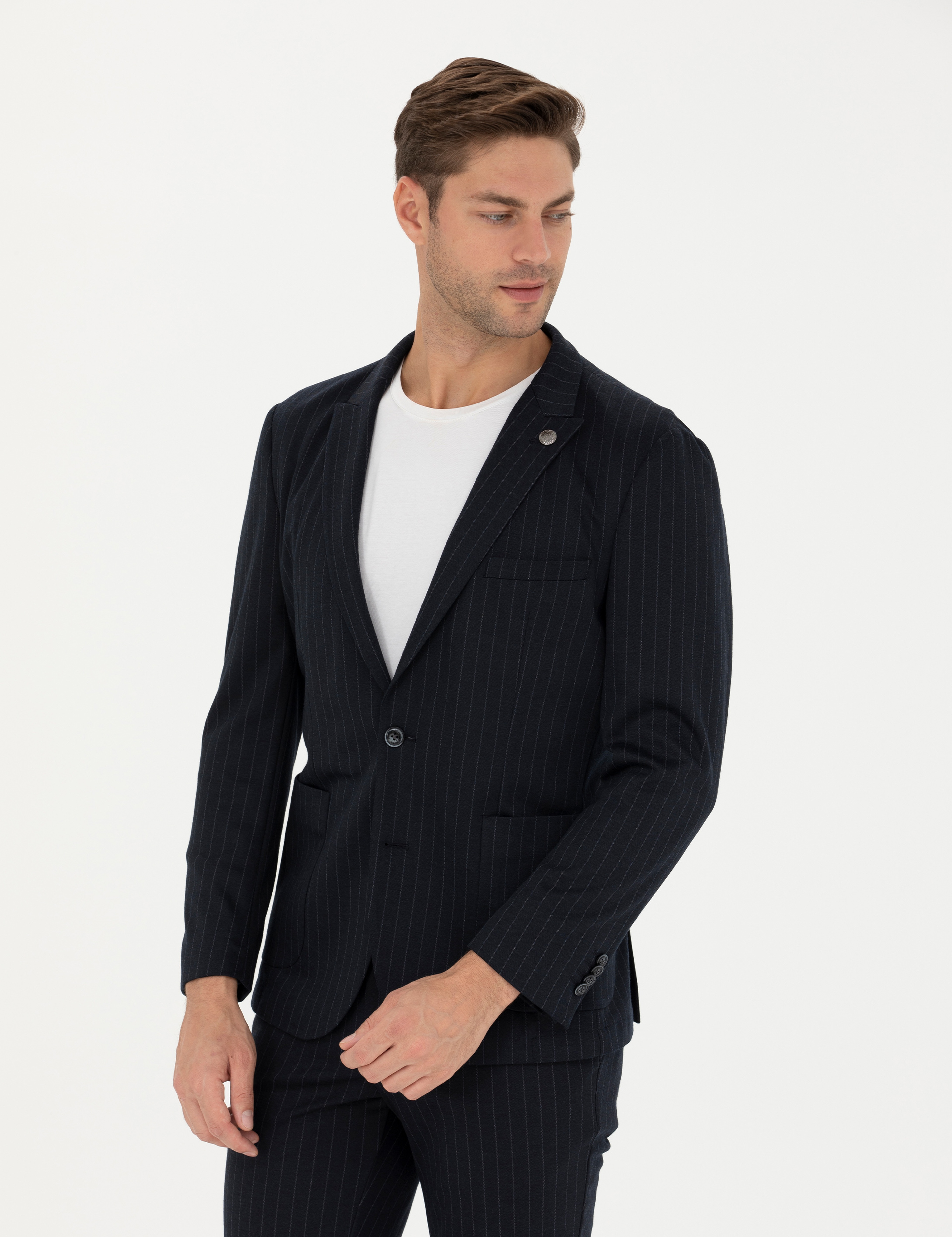 Lacivert Ekstra Slim Fit Yün Karışımlı Çizgili Takım Elbise - Image 3