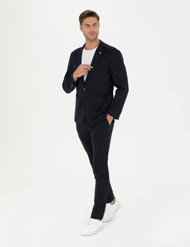 Lacivert Ekstra Slim Fit Yün Karışımlı Çizgili Takım Elbise
