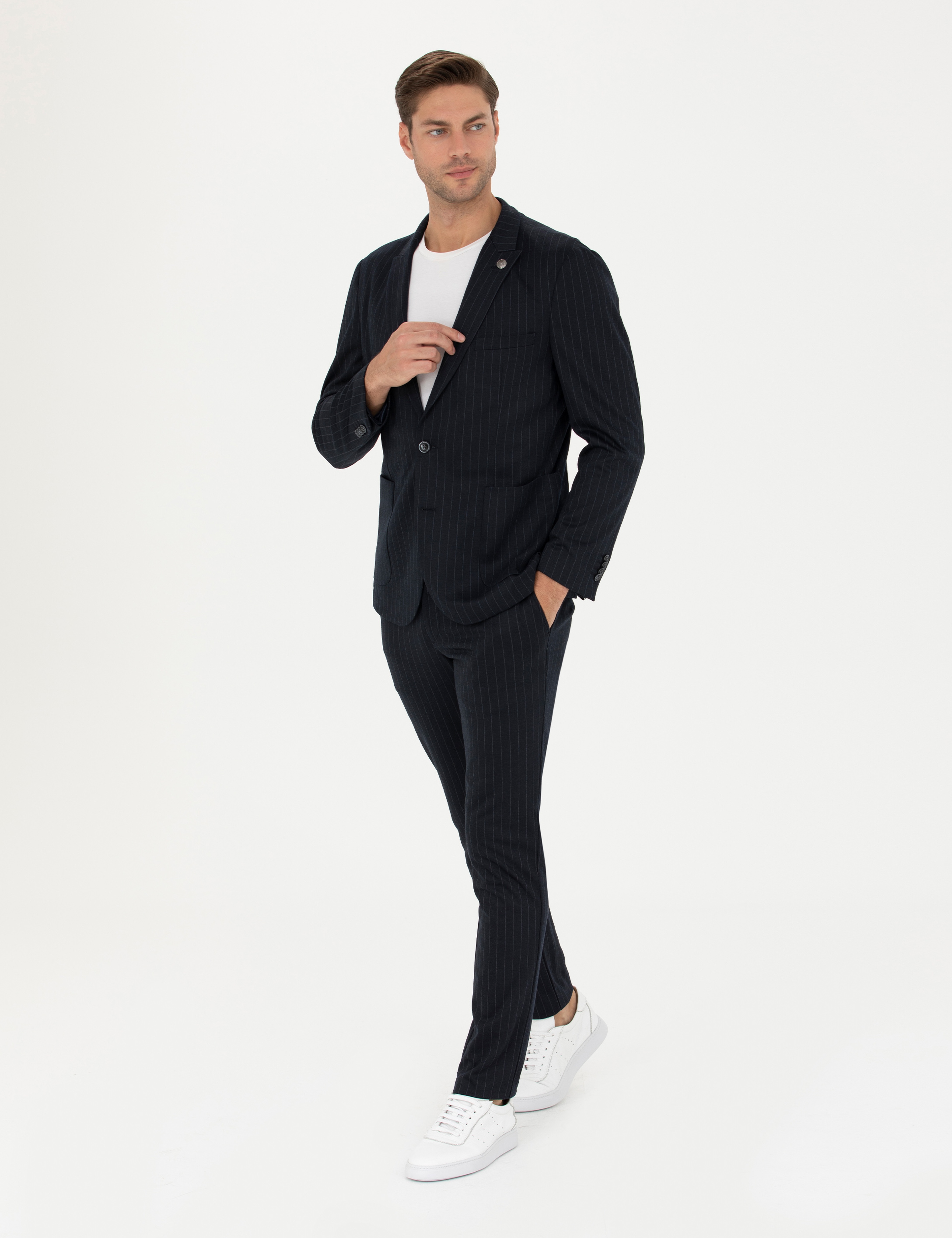 Lacivert Ekstra Slim Fit Yün Karışımlı Çizgili Takım Elbise - Image 4