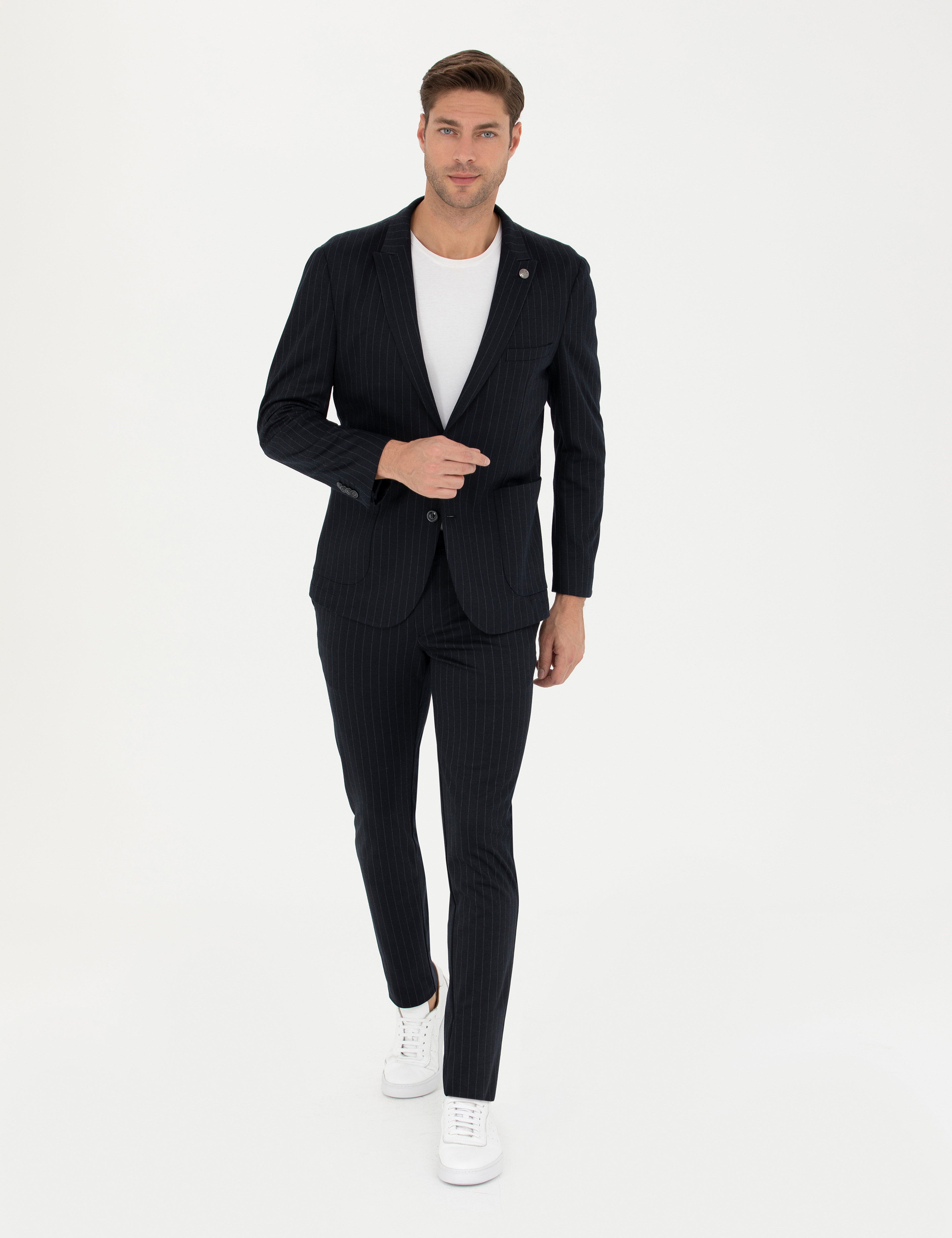 Lacivert Ekstra Slim Fit Yün Karışımlı Çizgili Takım Elbise