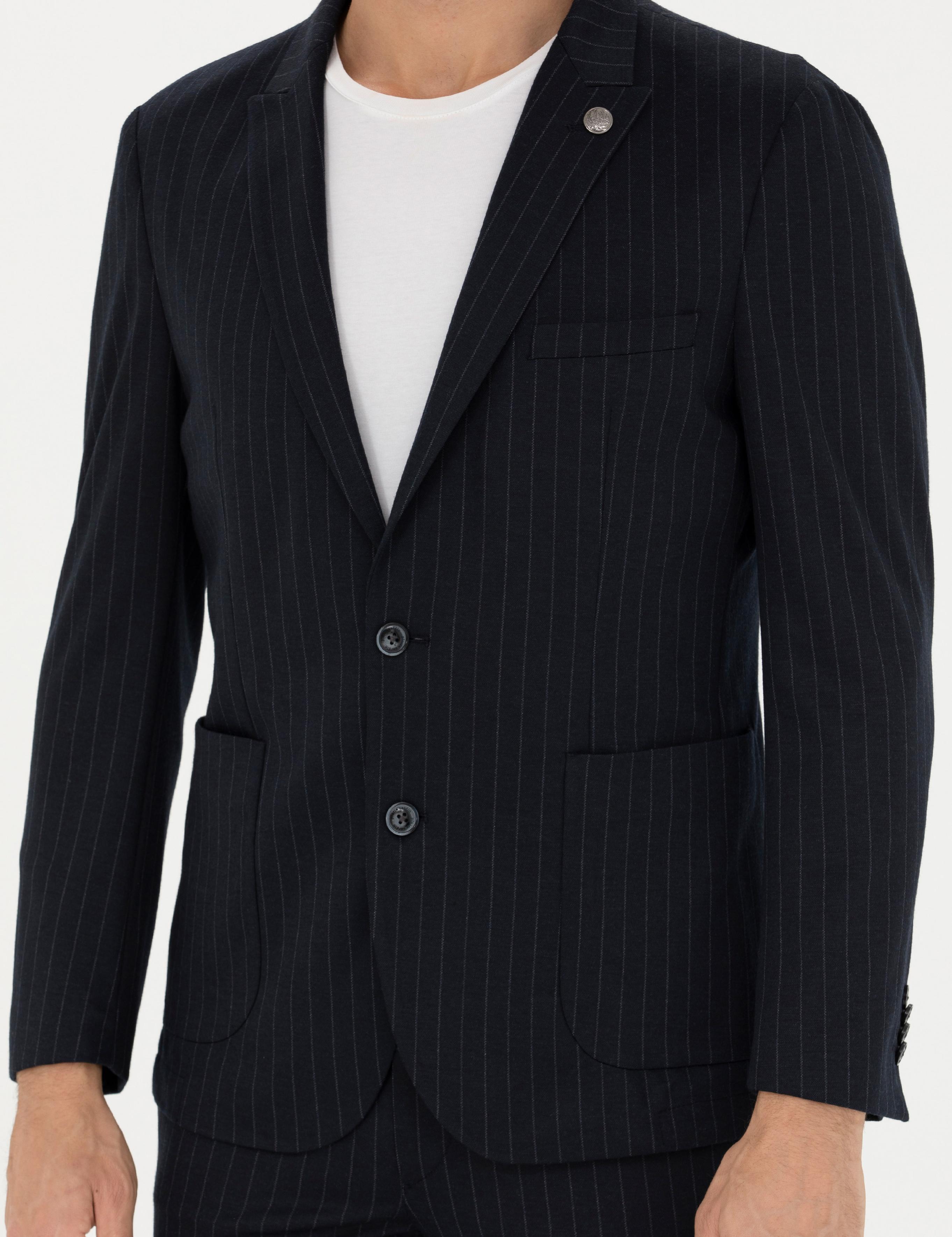 Lacivert Ekstra Slim Fit Yün Karışımlı Çizgili Takım Elbise