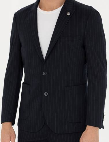 Lacivert Ekstra Slim Fit Yün Karışımlı Çizgili Takım Elbise