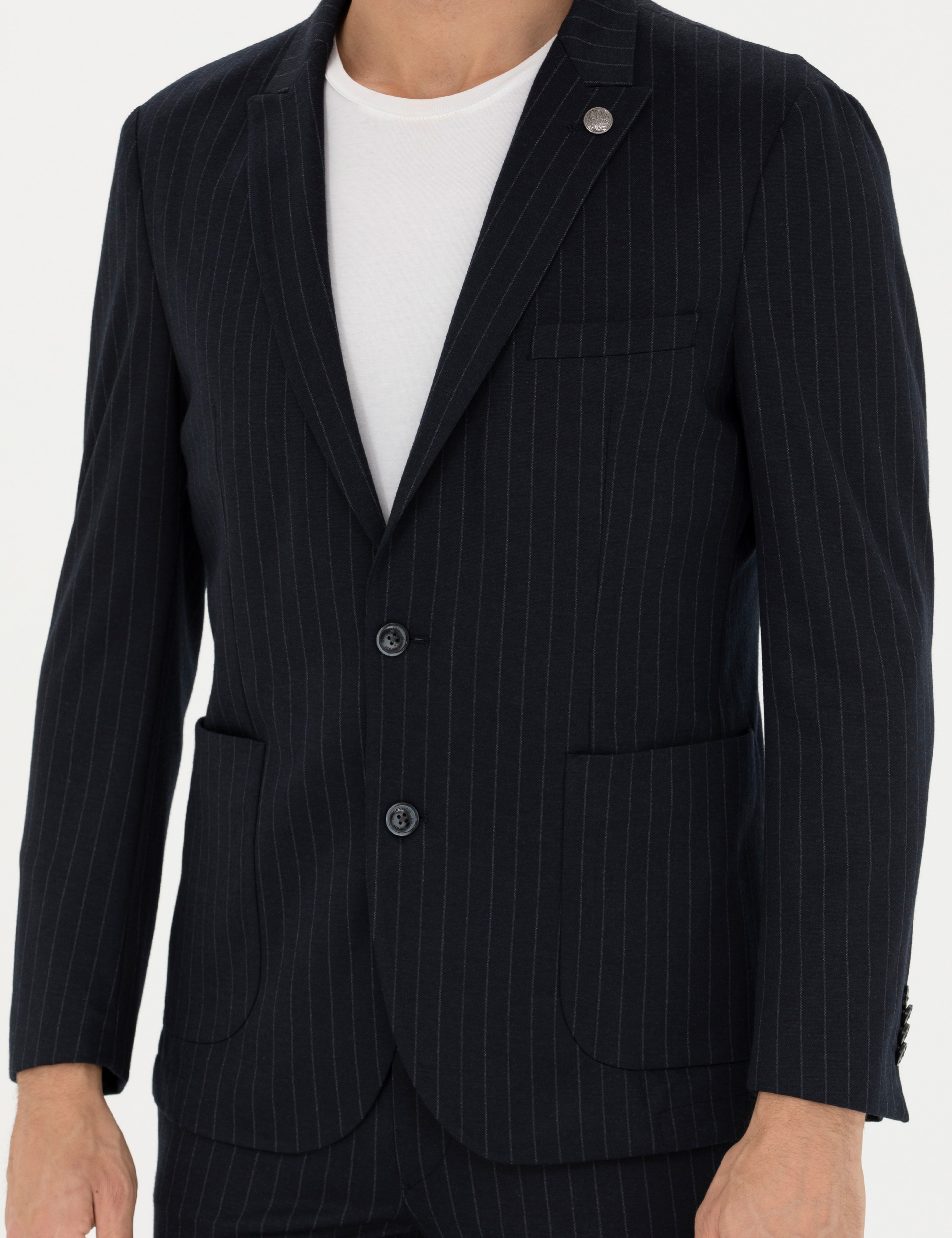 Lacivert Ekstra Slim Fit Yün Karışımlı Çizgili Takım Elbise - Image 6
