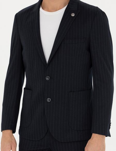 Lacivert Ekstra Slim Fit Yün Karışımlı Çizgili Takım Elbise - 50280322020