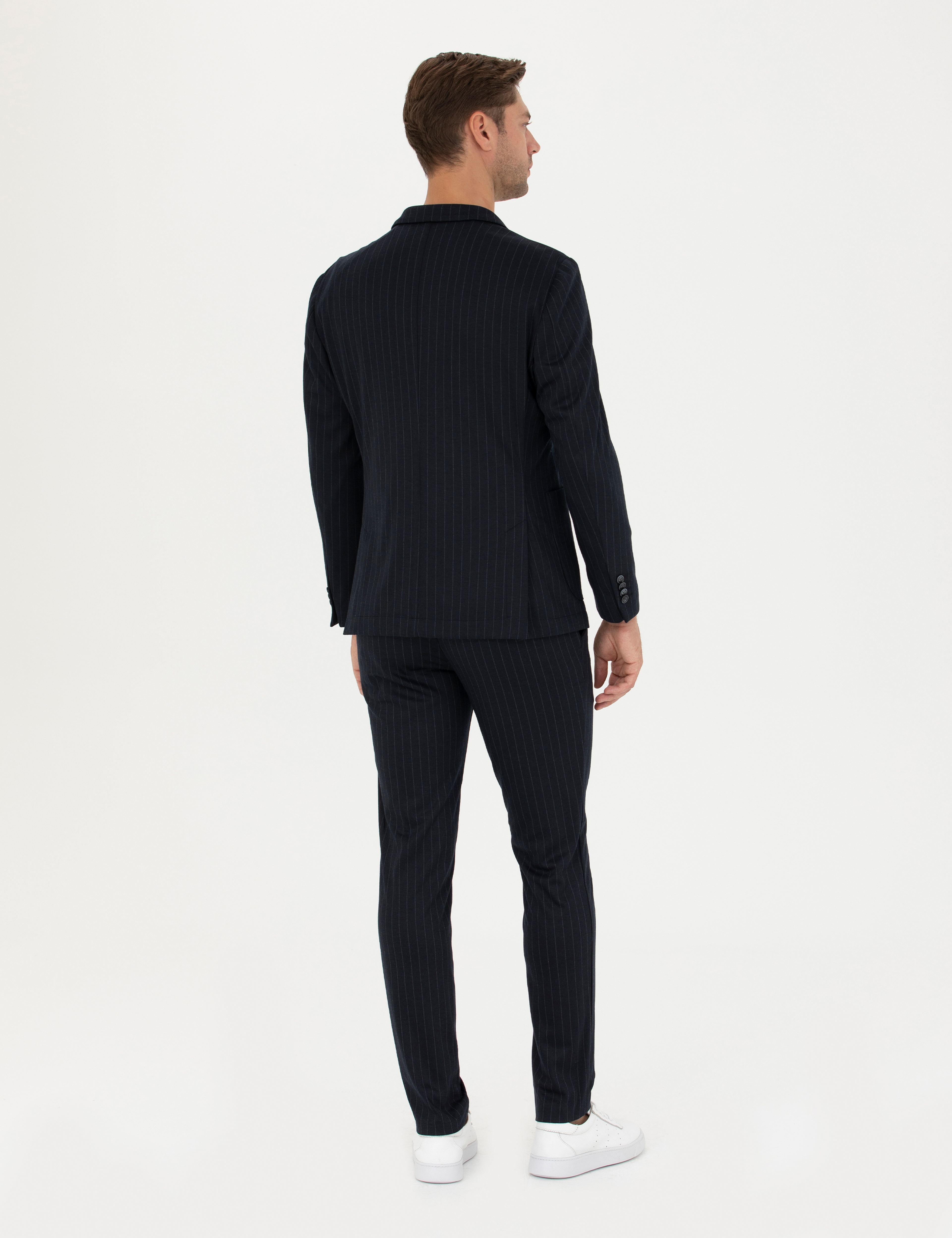 Lacivert Ekstra Slim Fit Yün Karışımlı Çizgili Takım Elbise - Image 5