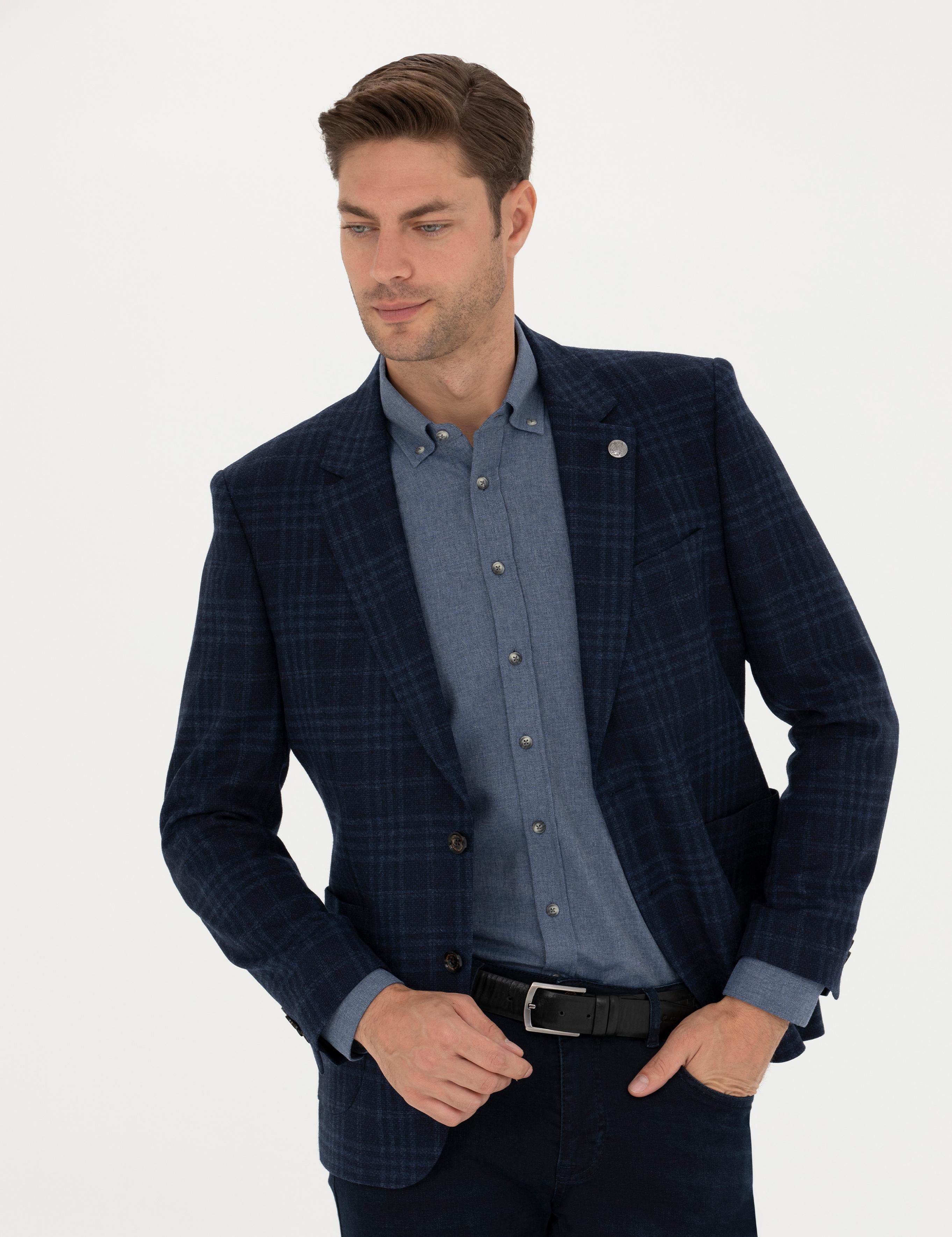 Lacivert Yün Kaşmir Karışımlı Ekose Ceket