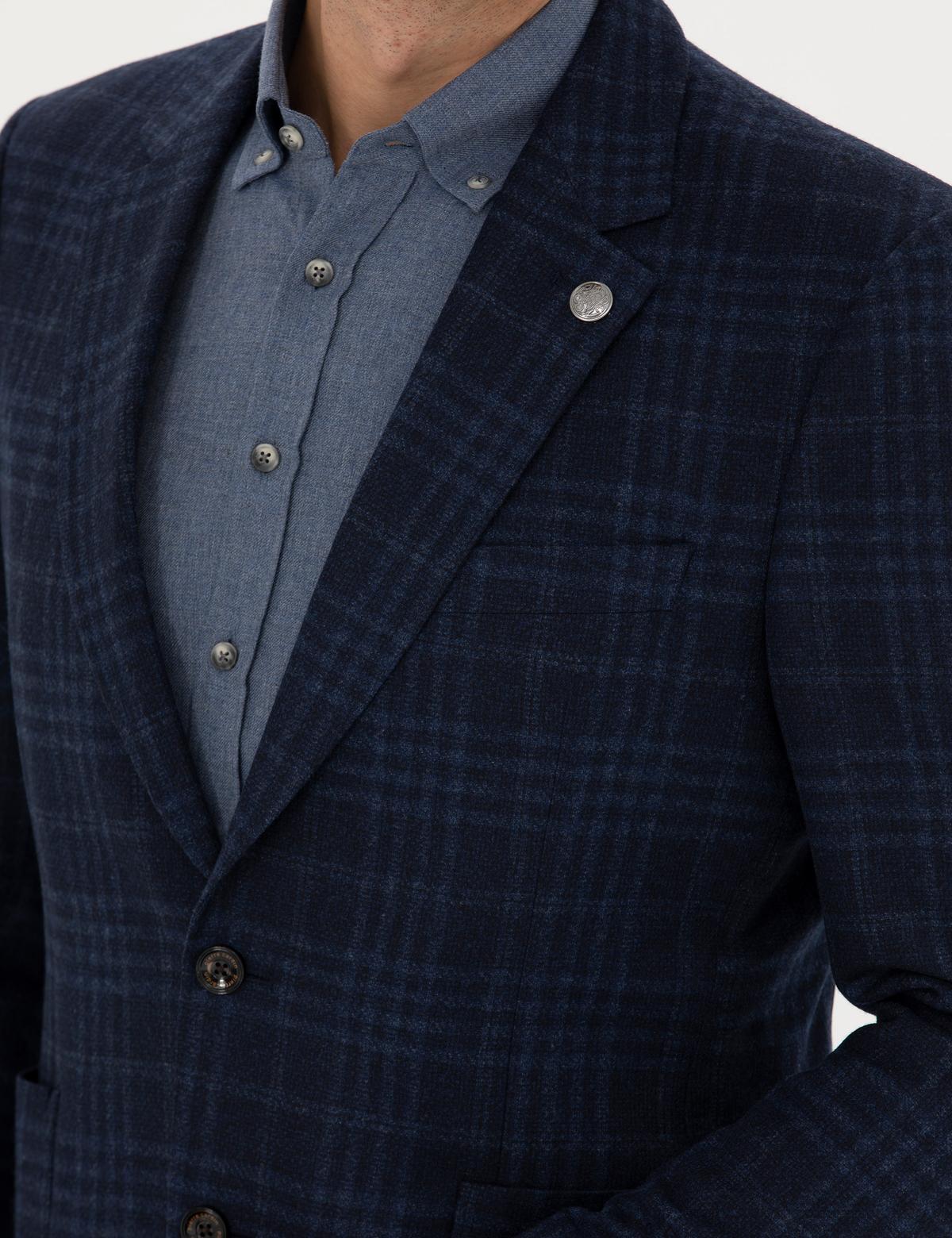 Lacivert Yün Kaşmir Karışımlı Ekose Ceket - 50278195020