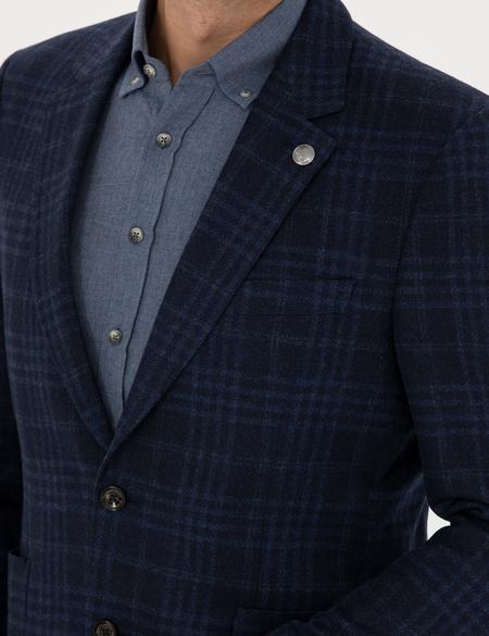 Lacivert Yün Kaşmir Karışımlı Ekose Ceket - 50278195020