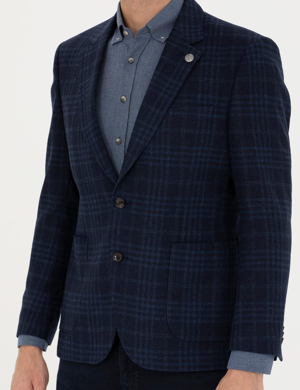 Lacivert Yün Kaşmir Karışımlı Ekose Ceket - 50278195020