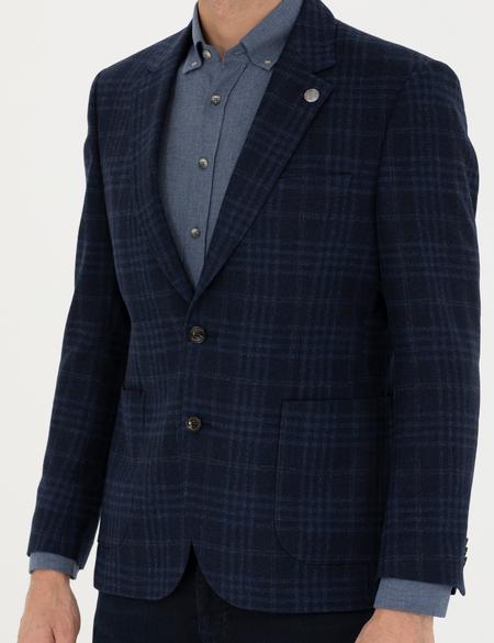 Lacivert Yün Kaşmir Karışımlı Ekose Ceket - 50278195020