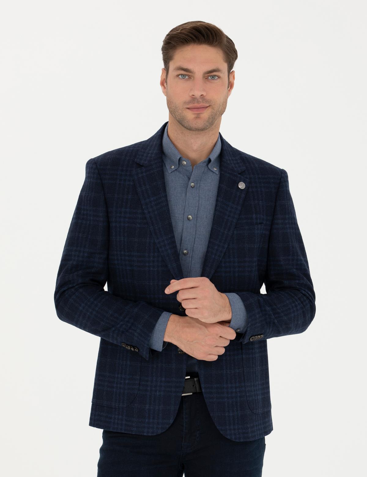 Lacivert Yün Kaşmir Karışımlı Ekose Ceket