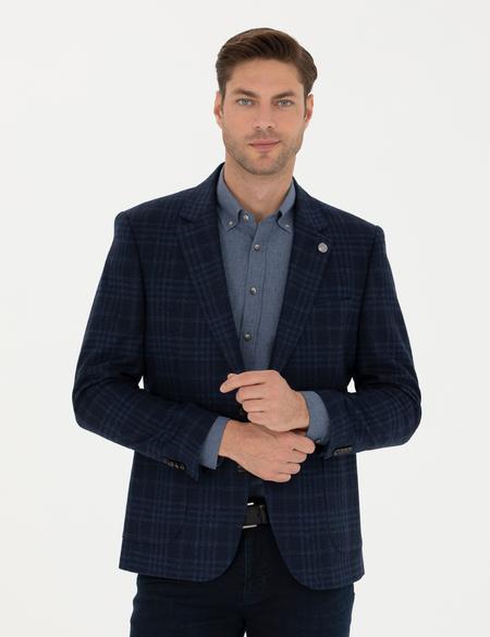 Lacivert Yün Kaşmir Karışımlı Ekose Ceket - 50278195020