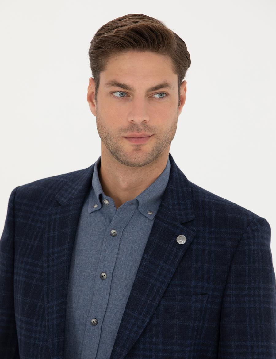 Lacivert Yün Kaşmir Karışımlı Ekose Ceket