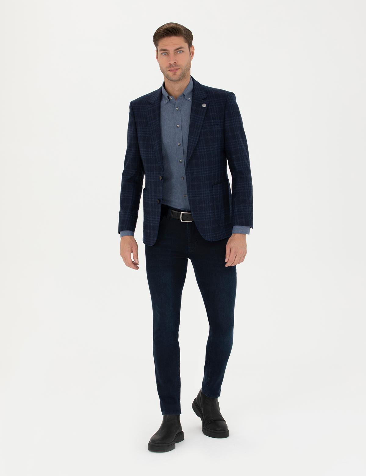 Lacivert Yün Kaşmir Karışımlı Ekose Ceket - 50278195020