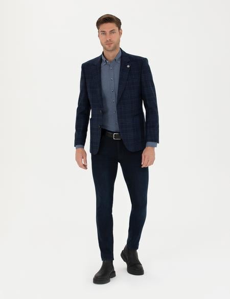 Lacivert Yün Kaşmir Karışımlı Ekose Ceket - 50278195020