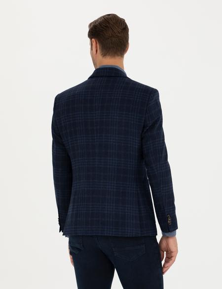 Lacivert Yün Kaşmir Karışımlı Ekose Ceket - 50278195020