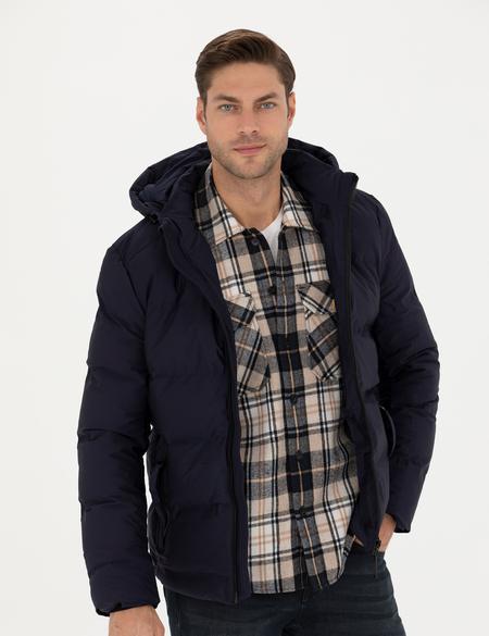 Lacivert Kapüşonlu Şişme Mont - 50275487022