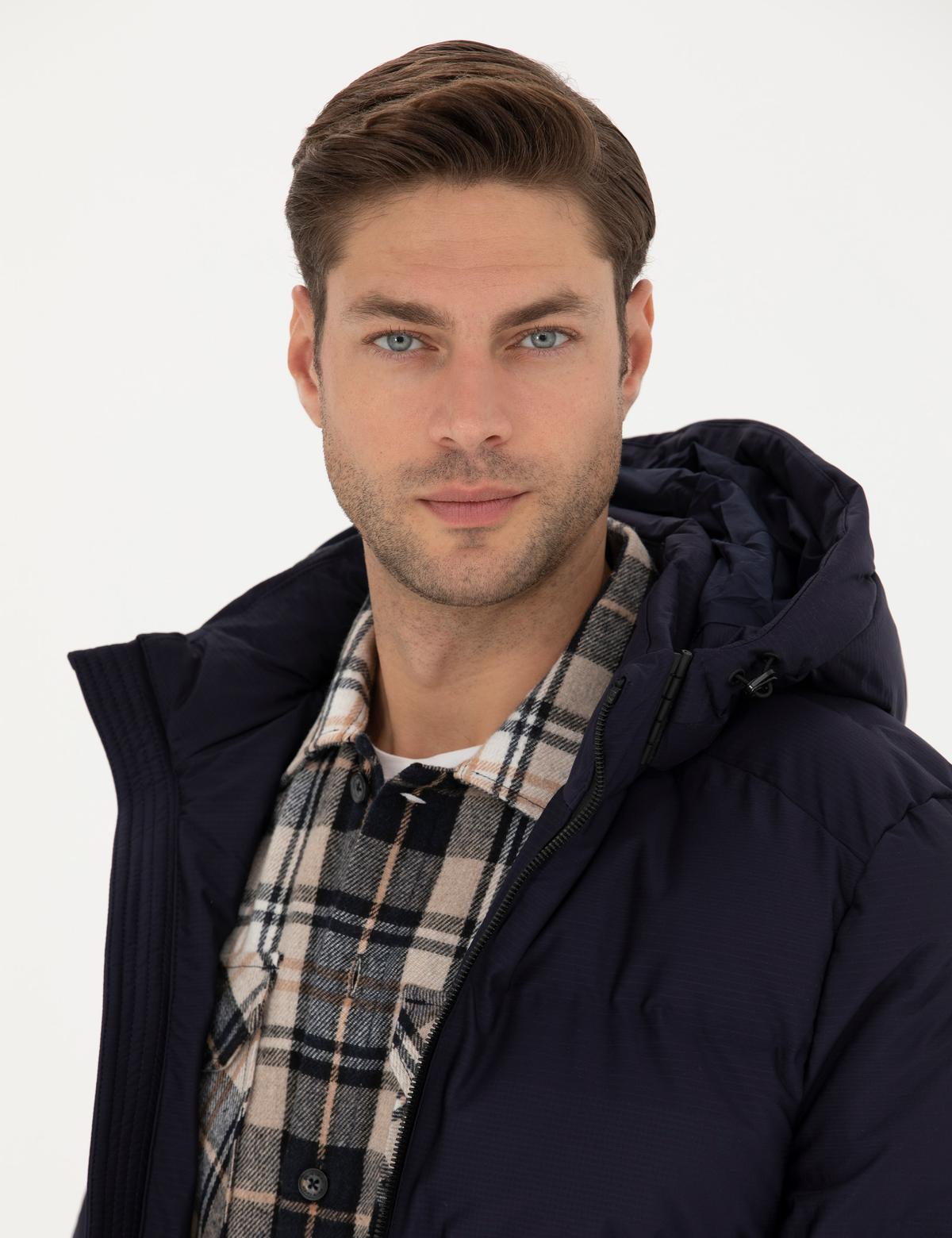 Lacivert Kapüşonlu Şişme Mont - 50275487022