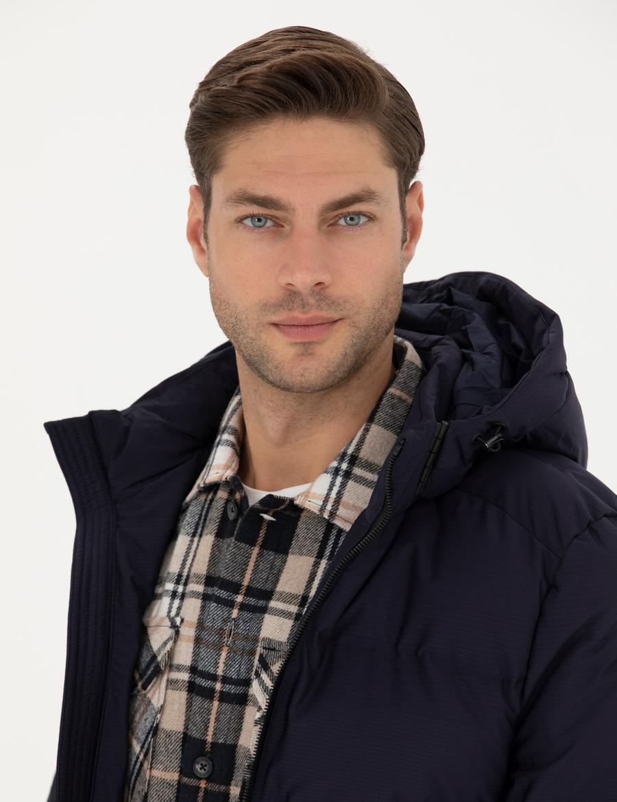 Lacivert Kapüşonlu Şişme Mont