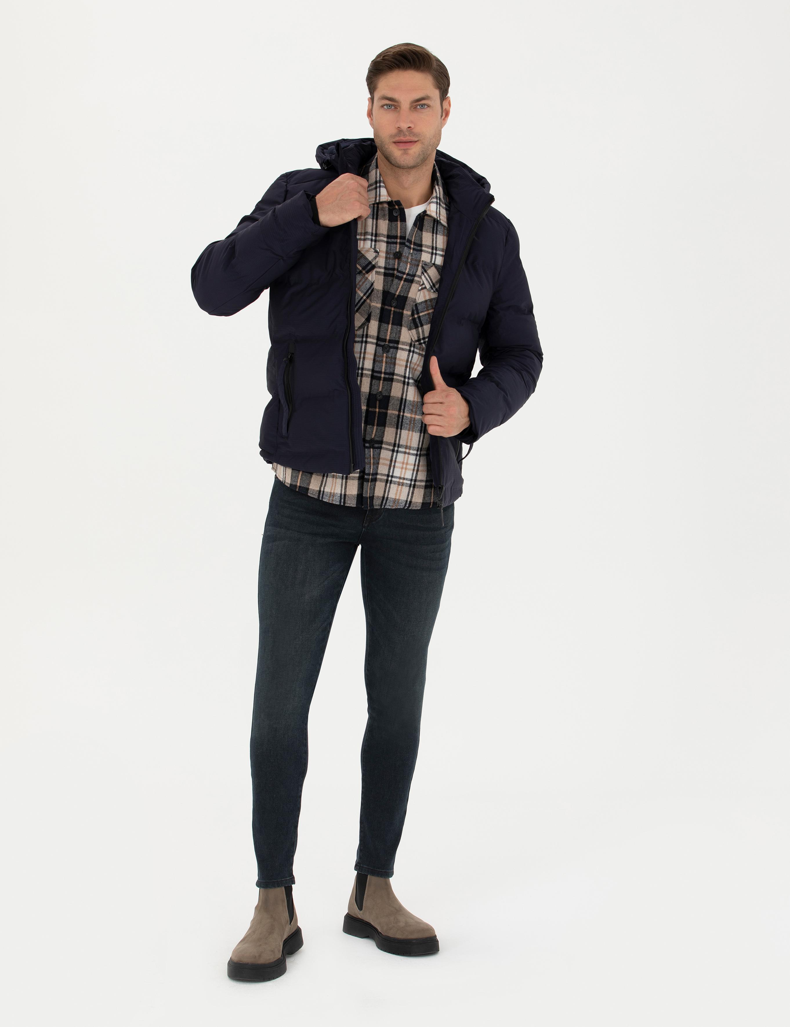 Lacivert Kapüşonlu Şişme Mont