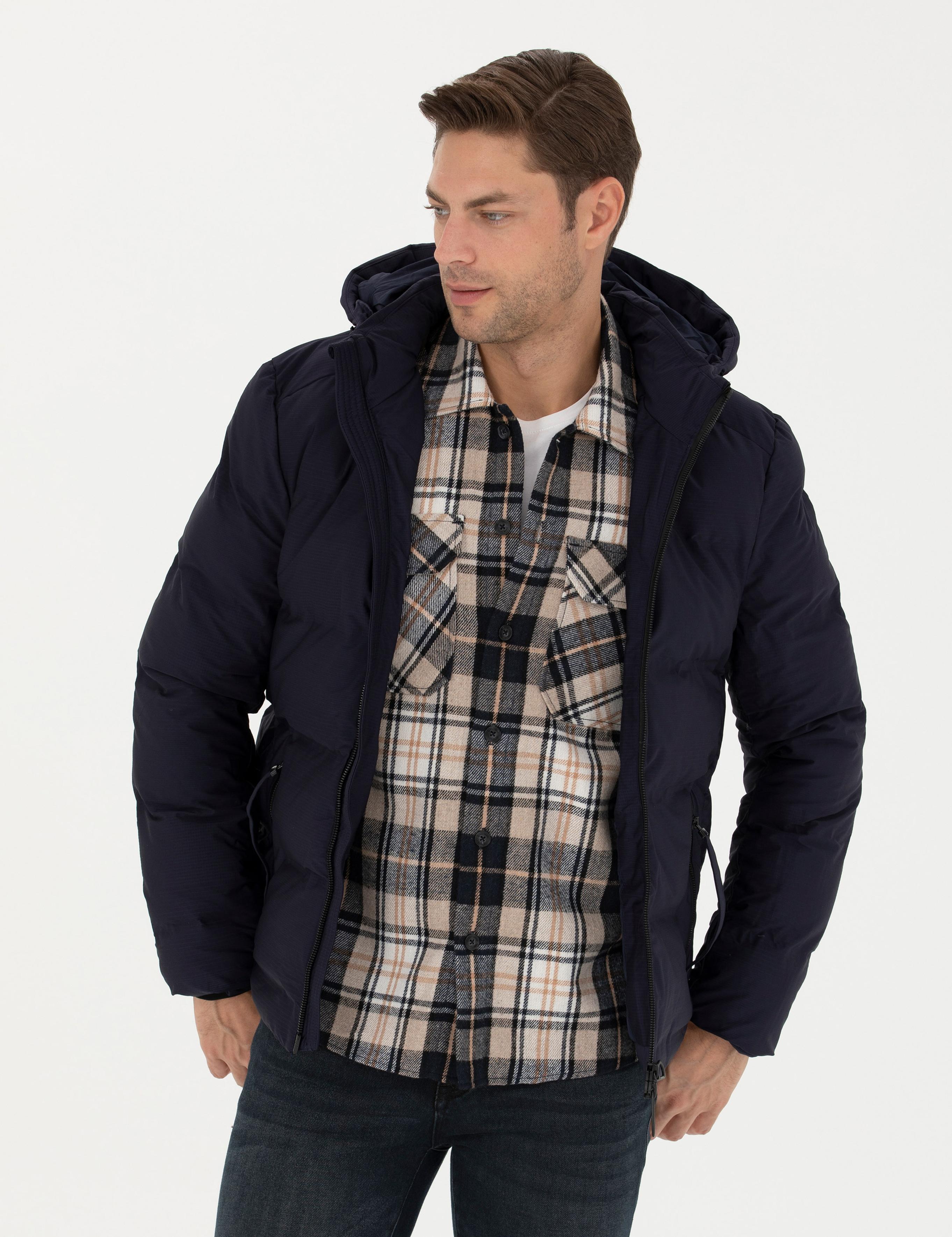 Lacivert Kapüşonlu Şişme Mont