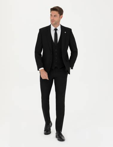 Siyah Slim Fit Yelekli Takım Elbise