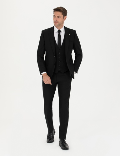 Siyah Slim Fit Yelekli Takım Elbise