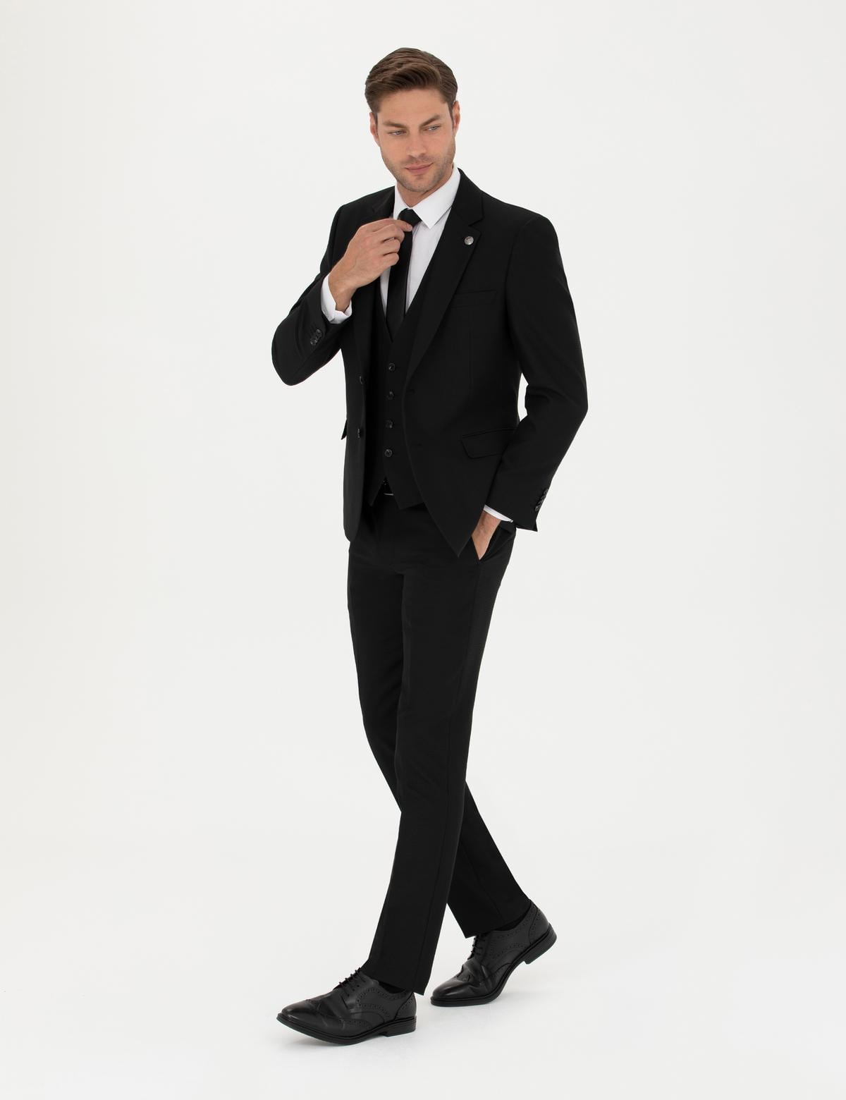 Siyah Slim Fit Yelekli Takım Elbise - 50276037026