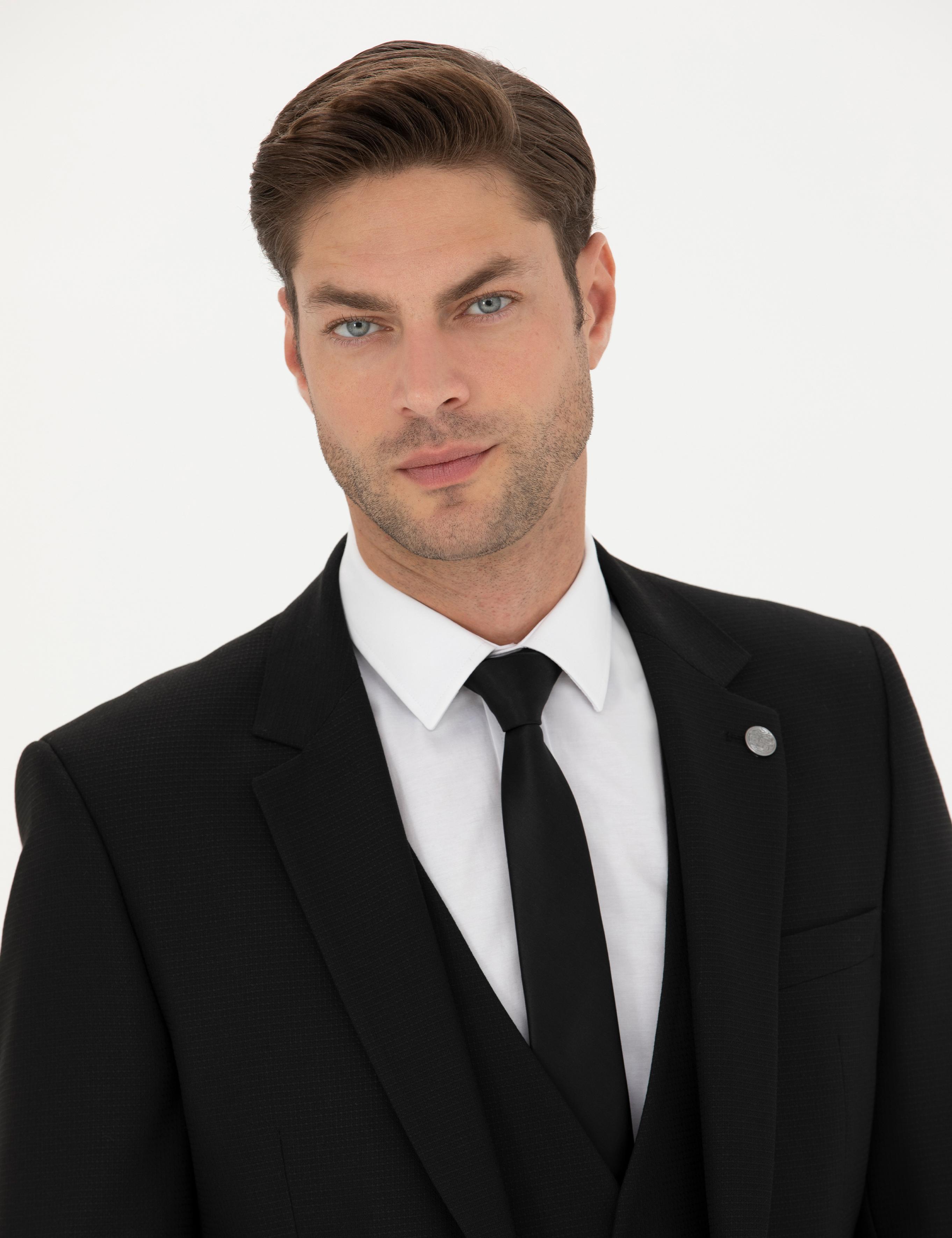 Siyah Slim Fit Yelekli Takım Elbise