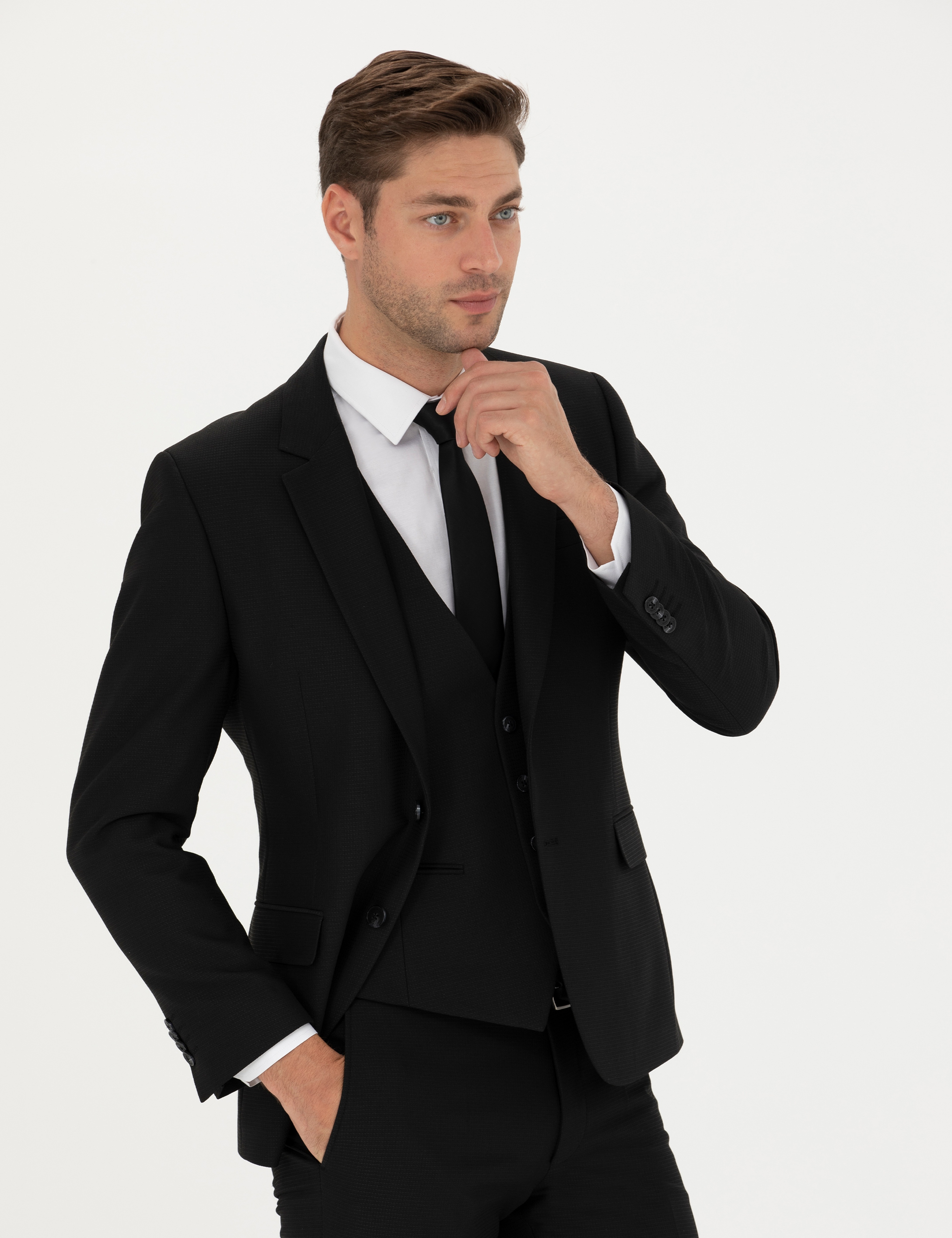 Siyah Slim Fit Yelekli Takım Elbise - Image 4