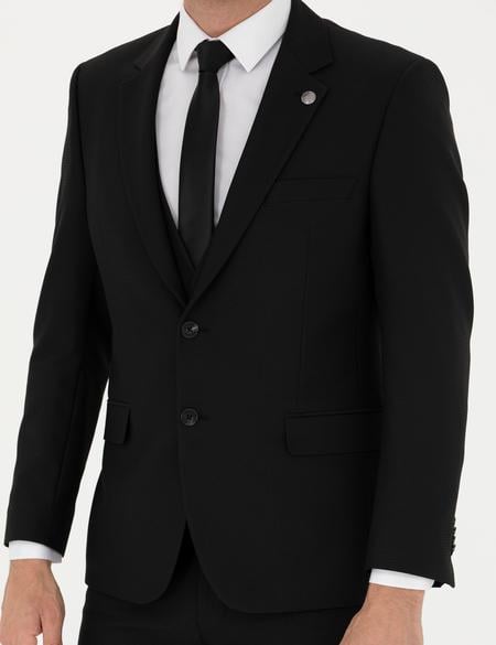Siyah Slim Fit Yelekli Takım Elbise - 50276037026