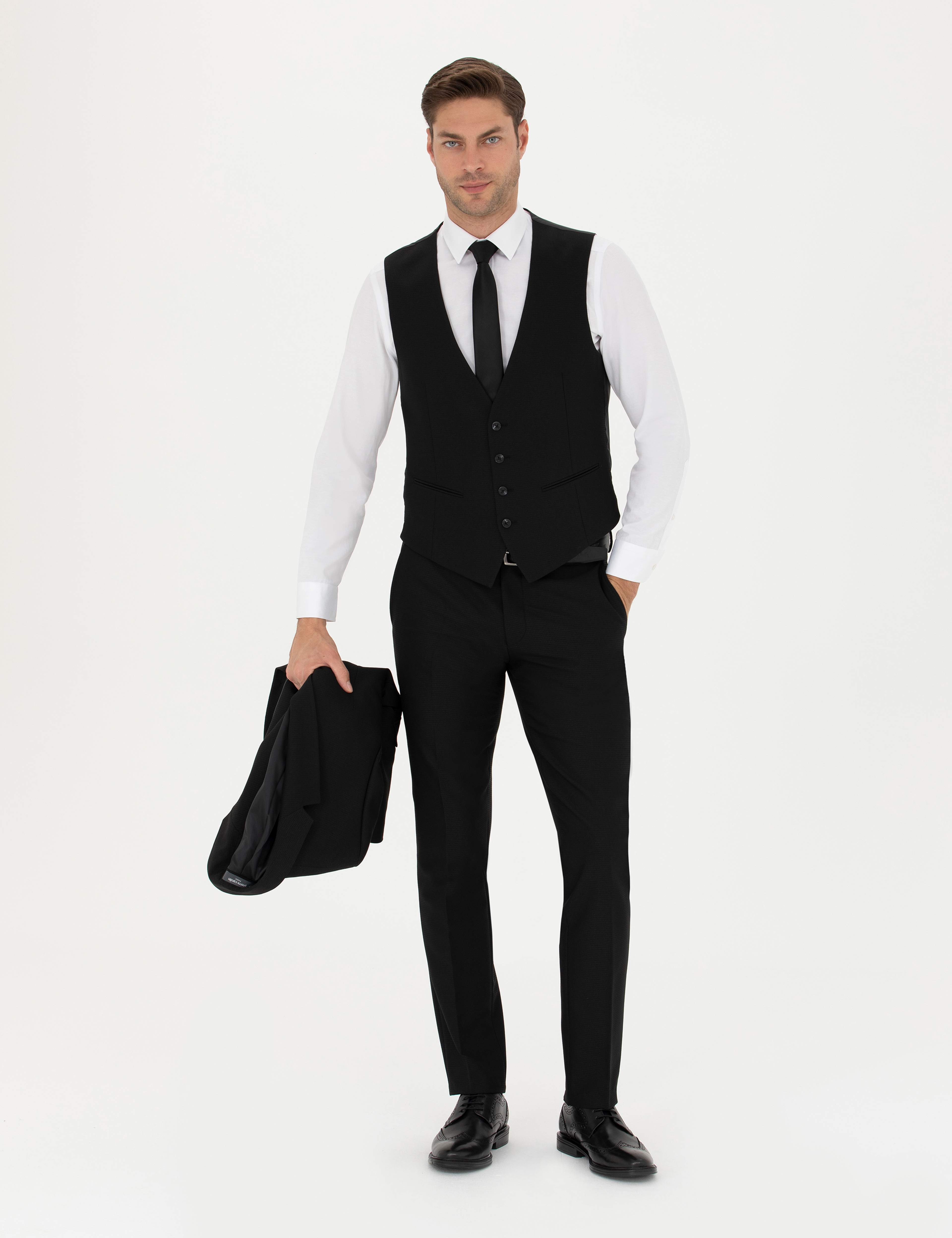 Siyah Slim Fit Yelekli Takım Elbise