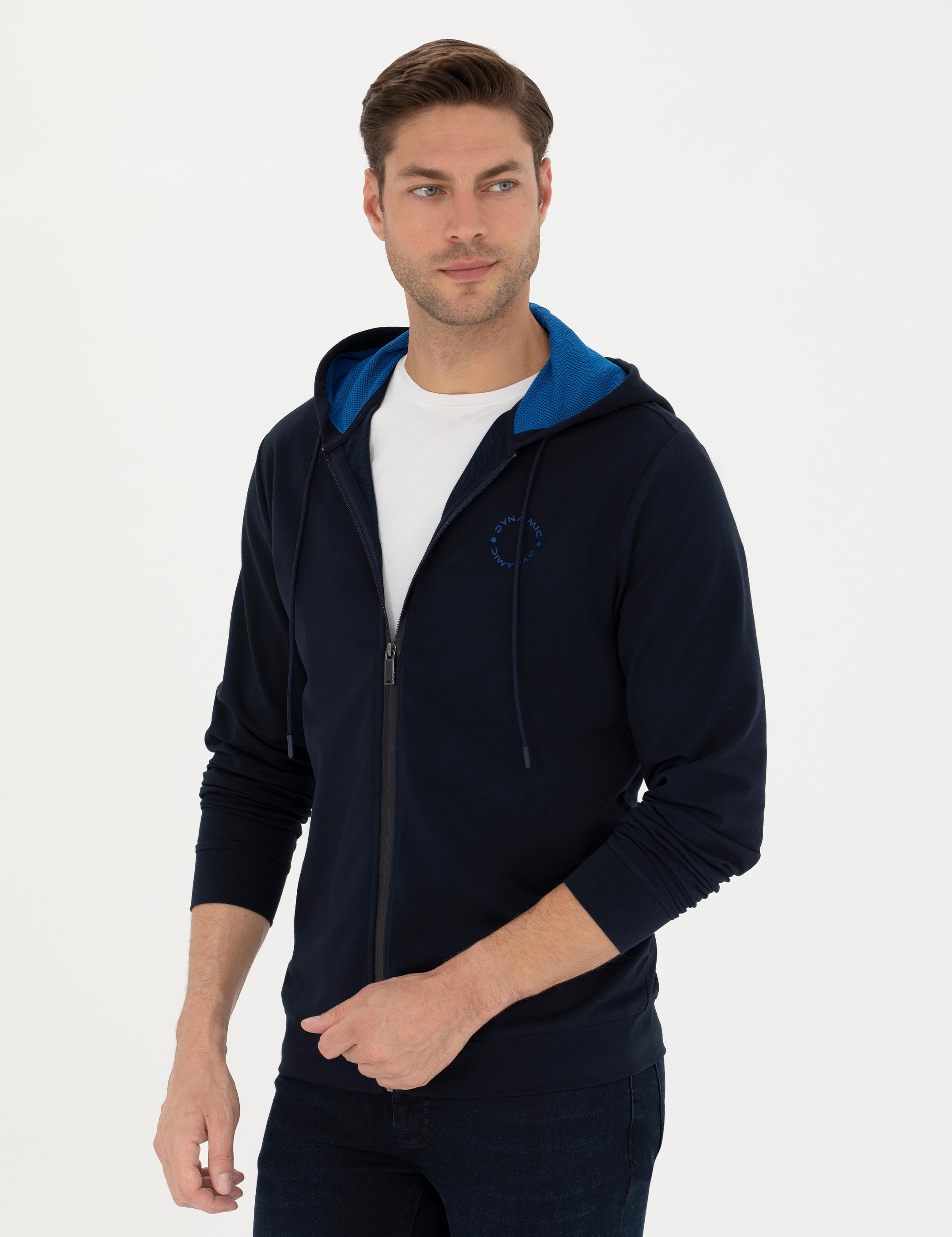 Lacivert Regular Fit Kapüşonlu Örme Hırka