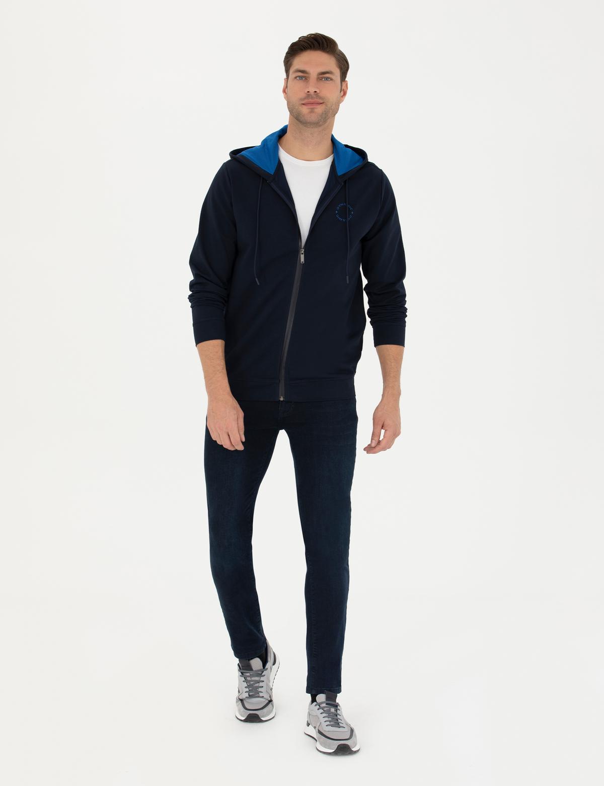 Lacivert Regular Fit Kapüşonlu Örme Hırka - 50275989003