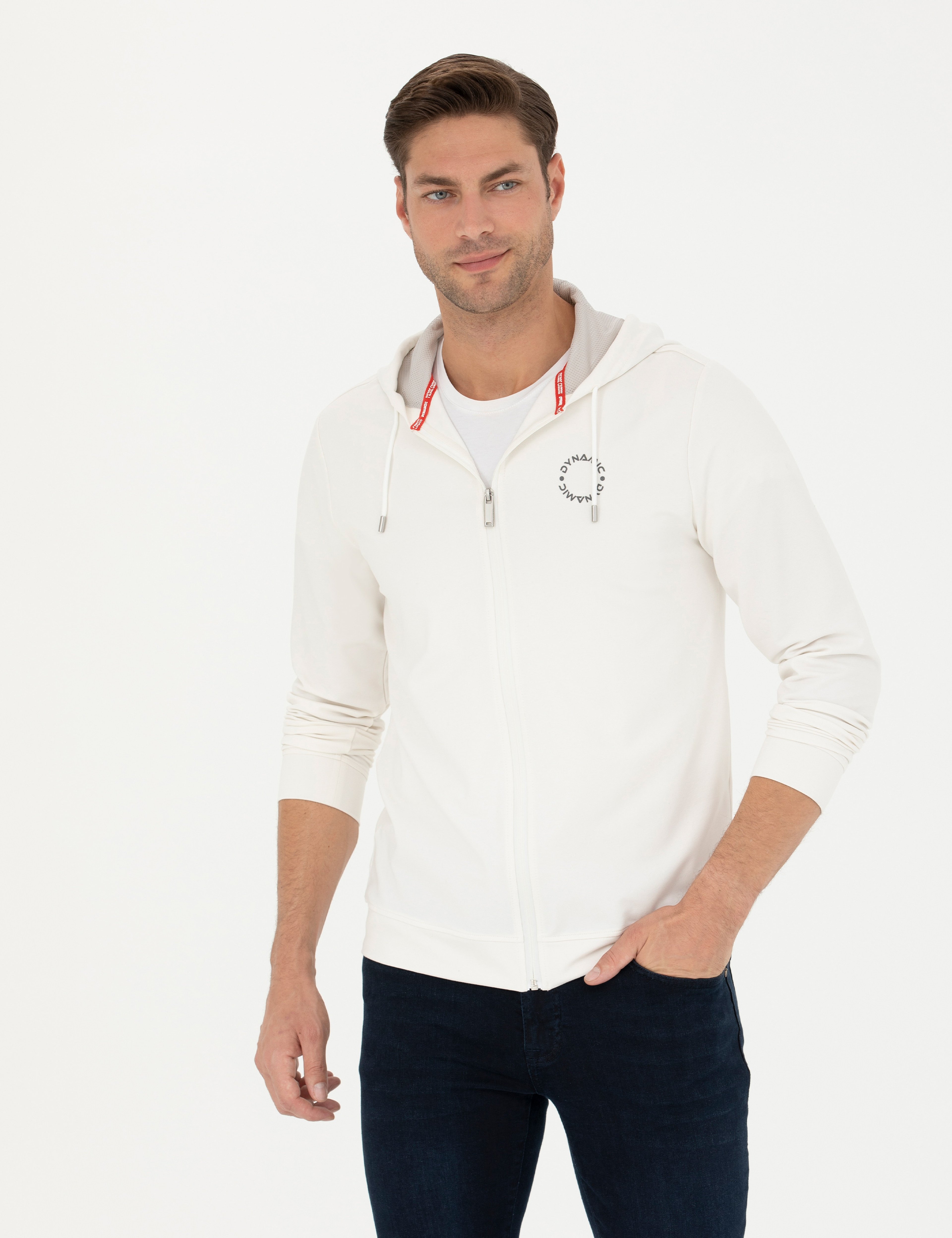 Ekru Regular Fit Kapüşonlu Örme Hırka - Image 1