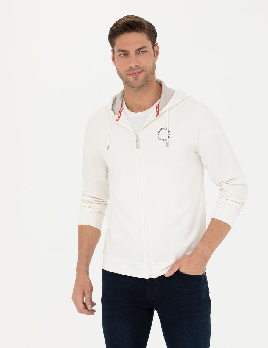 Ekru Regular Fit Kapüşonlu Örme Hırka