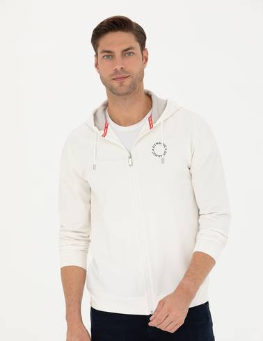 Ekru Regular Fit Kapüşonlu Örme Hırka