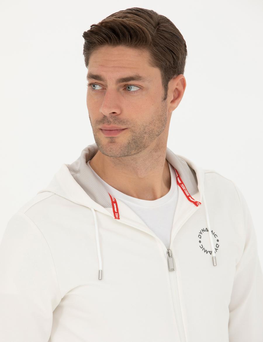 Ekru Regular Fit Kapüşonlu Örme Hırka
