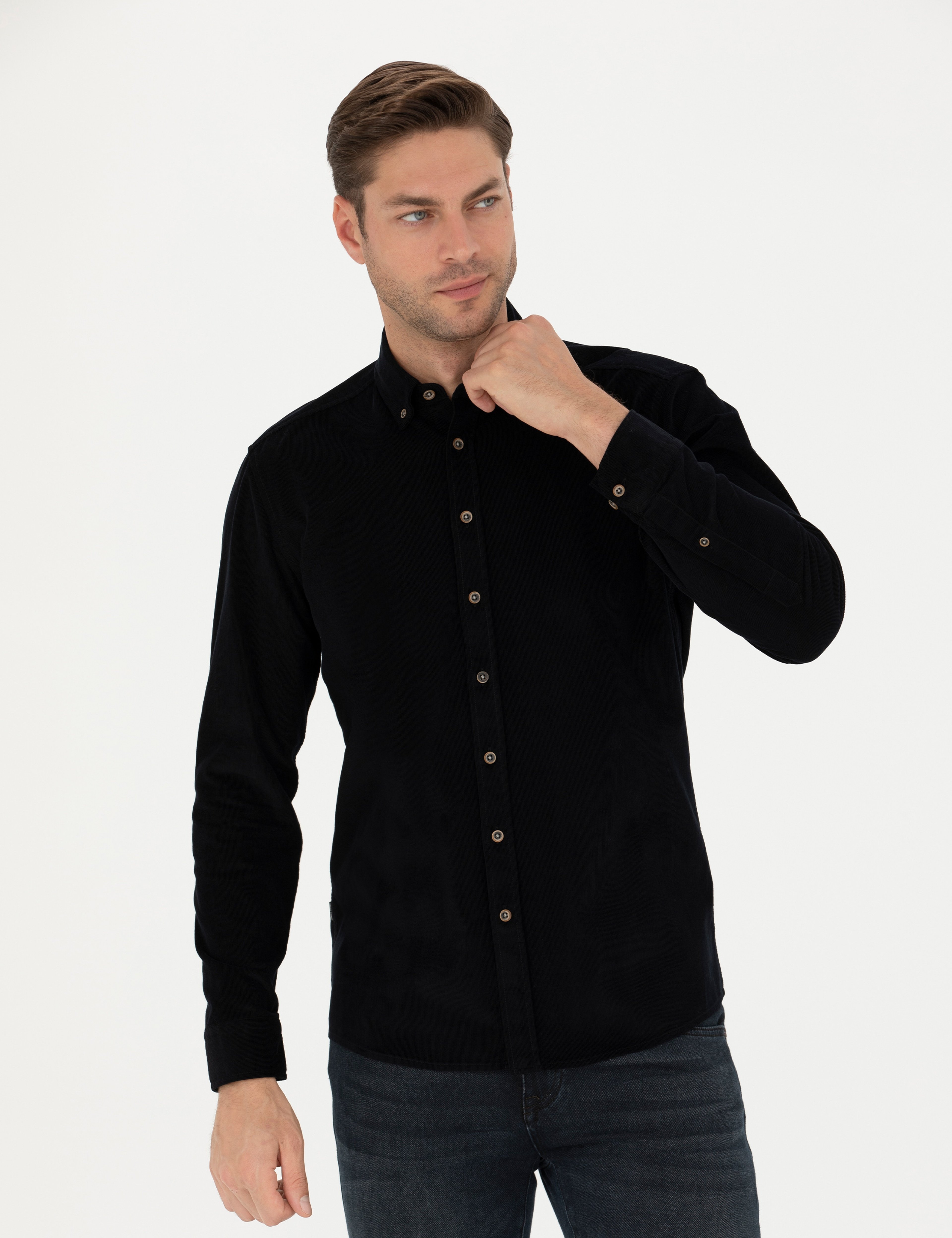 Siyah Regular Fit Uzun Kollu Gömlek - Image 3