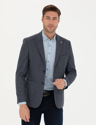 Lacivert Yün Karışımlı Slim Fit Ceket