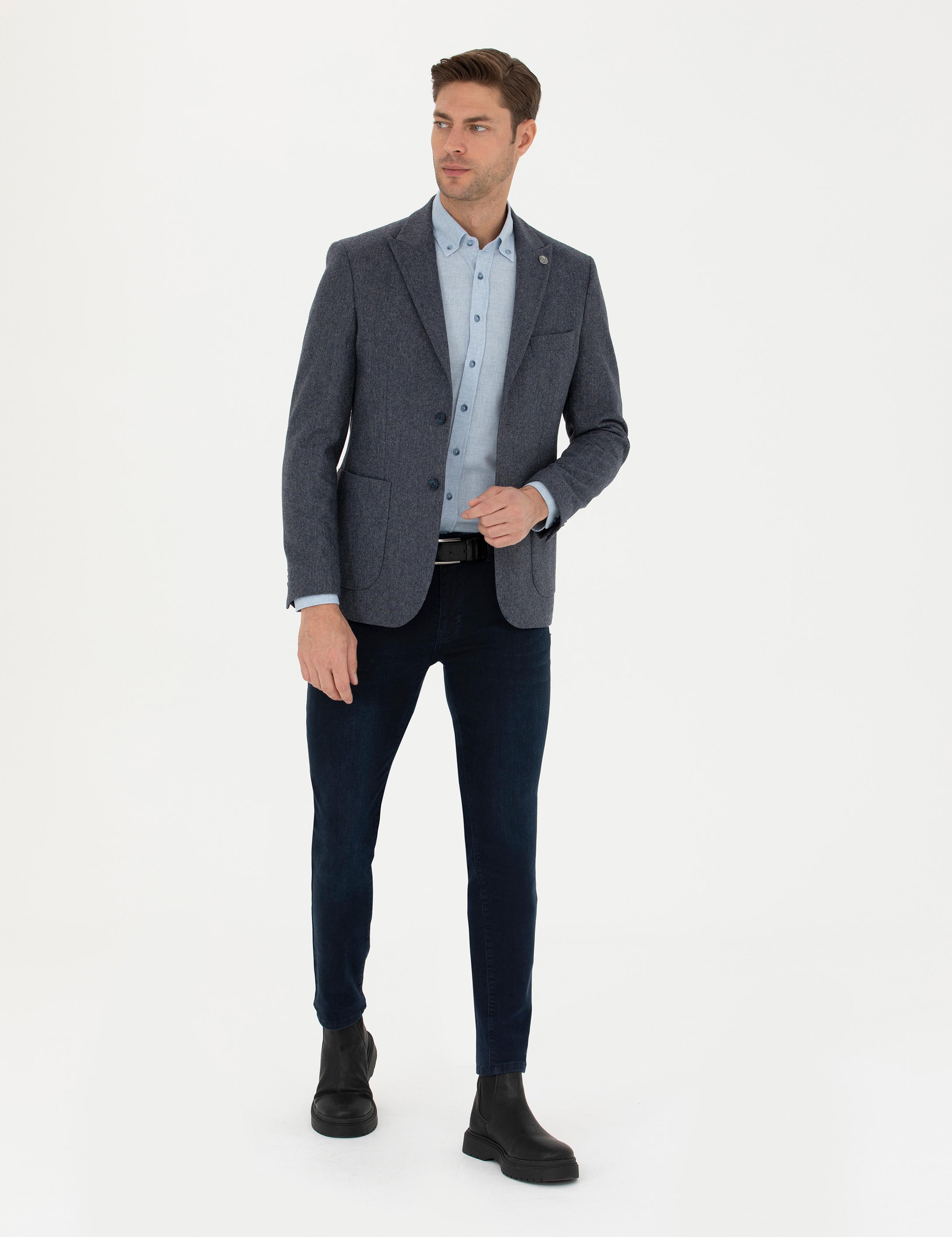 Lacivert Yün Karışımlı Slim Fit Ceket