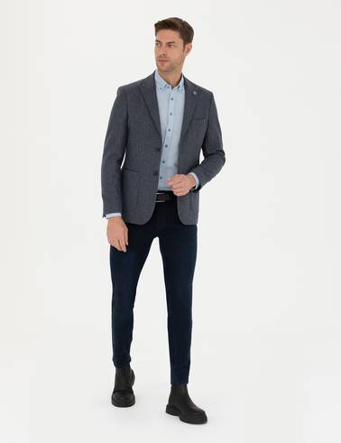 Lacivert Yün Karışımlı Slim Fit Ceket
