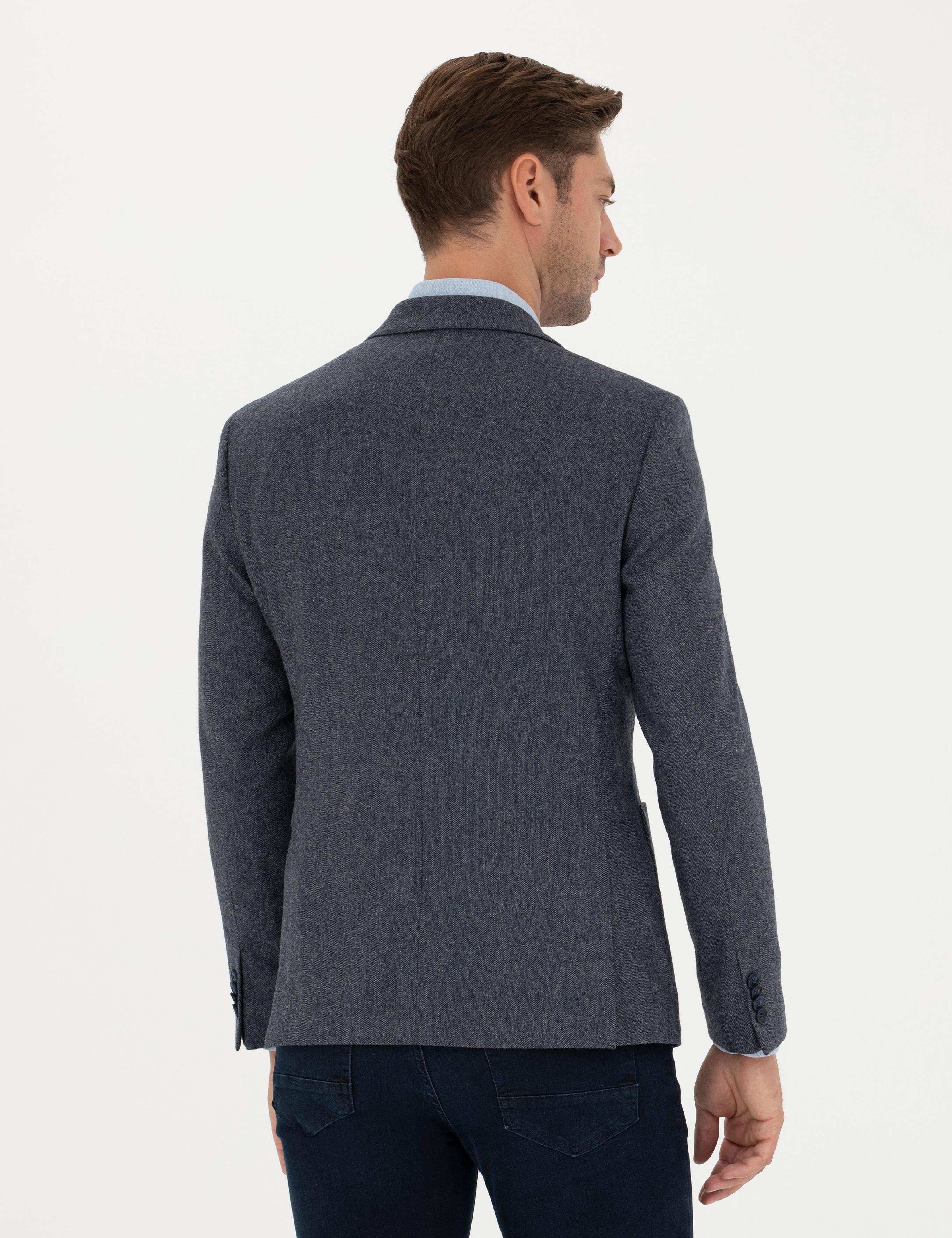 Lacivert Yün Karışımlı Slim Fit Ceket