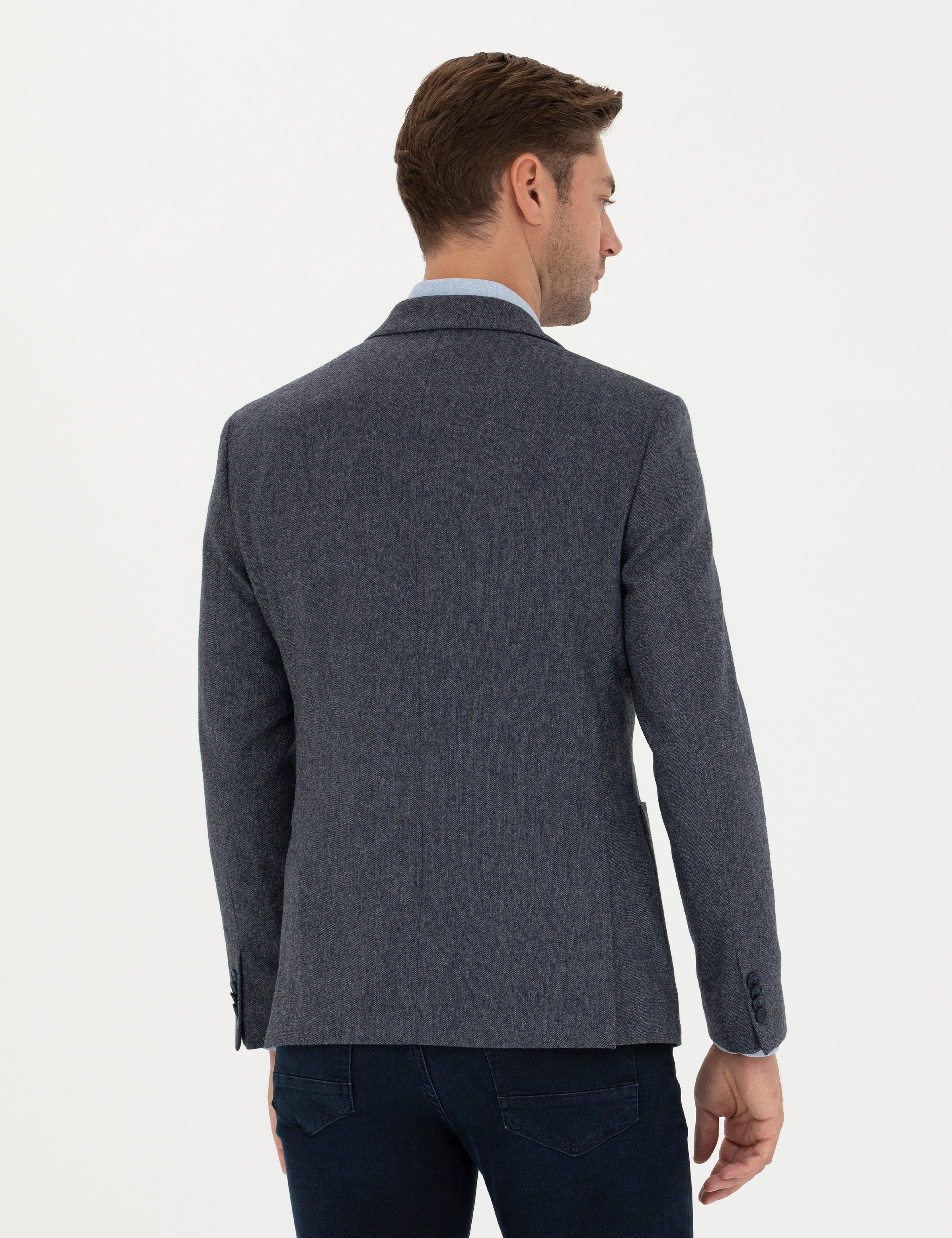 Lacivert Yün Karışımlı Slim Fit Ceket - Image 5