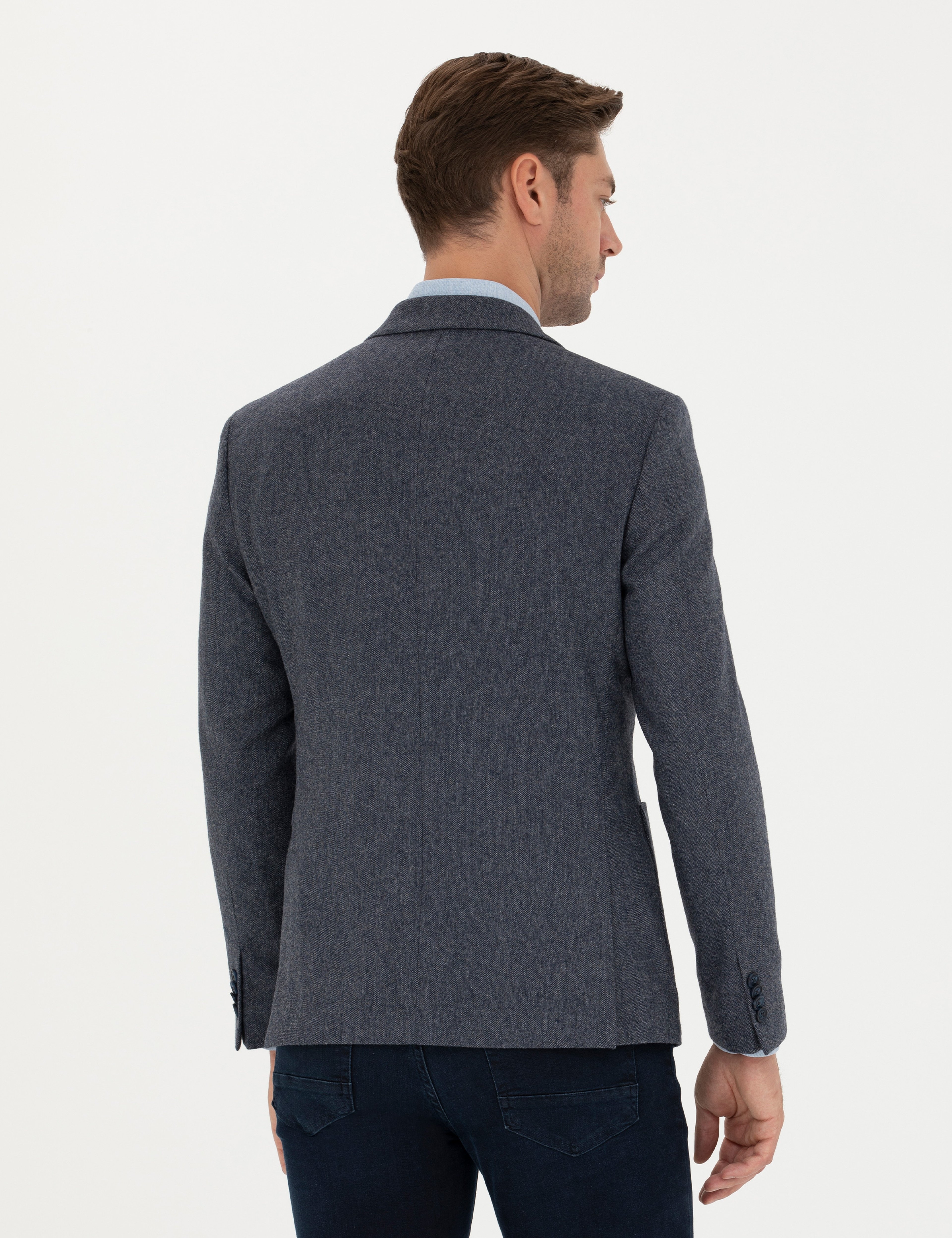 Lacivert Yün Karışımlı Slim Fit Ceket