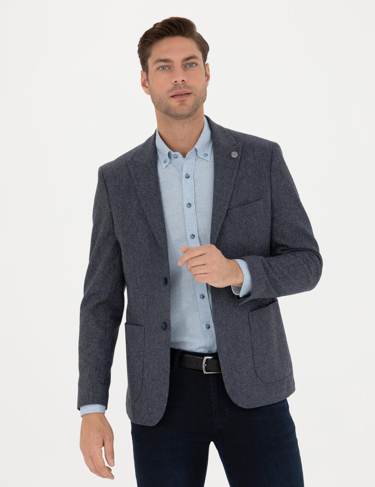 Lacivert Yün Karışımlı Slim Fit Ceket - 50274205101