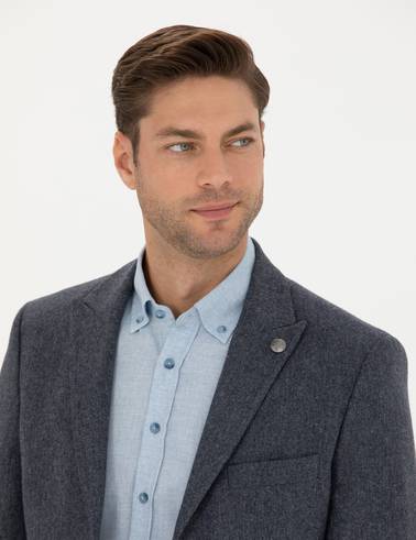 Lacivert Yün Karışımlı Slim Fit Ceket