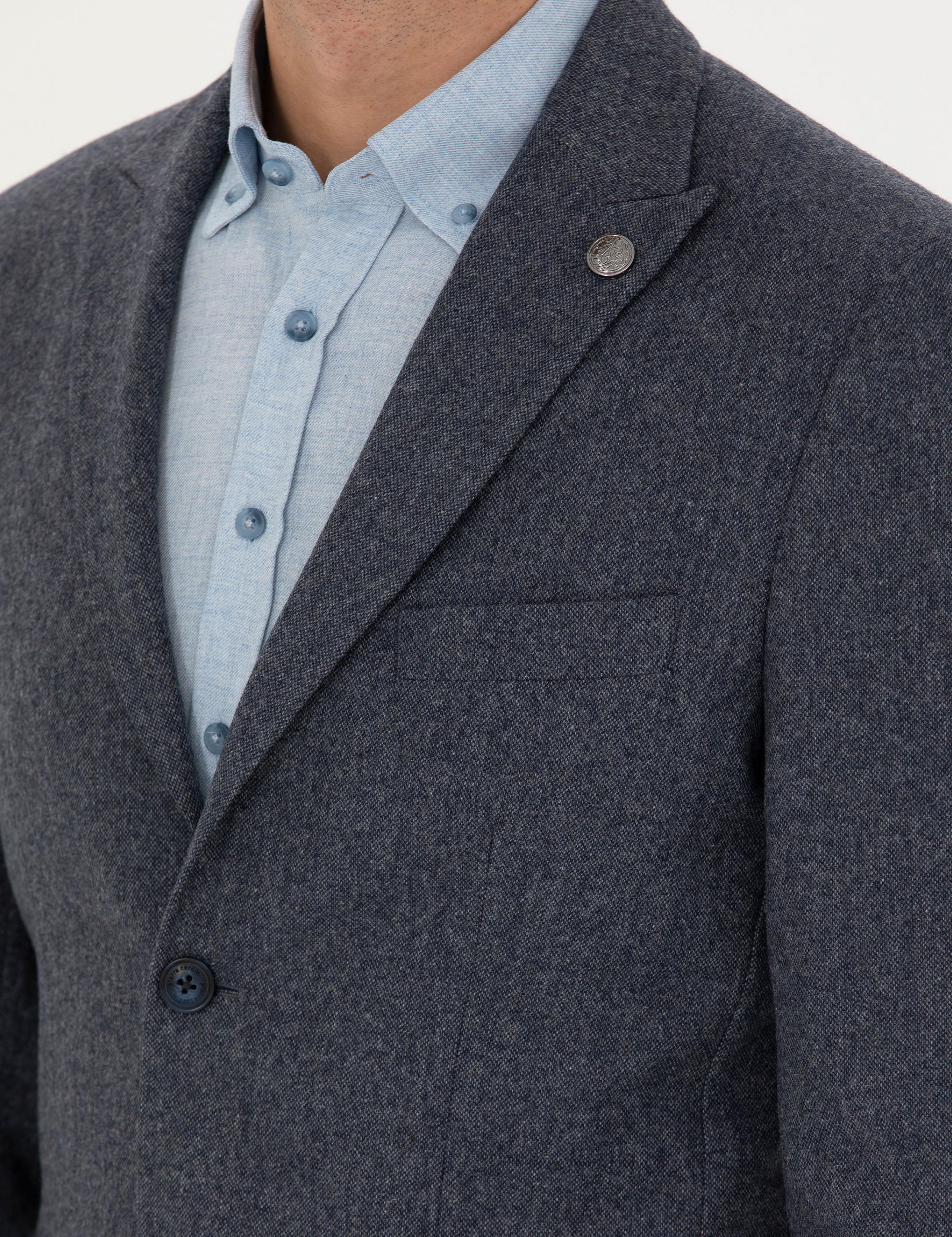 Lacivert Yün Karışımlı Slim Fit Ceket