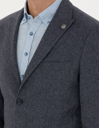 Lacivert Yün Karışımlı Slim Fit Ceket