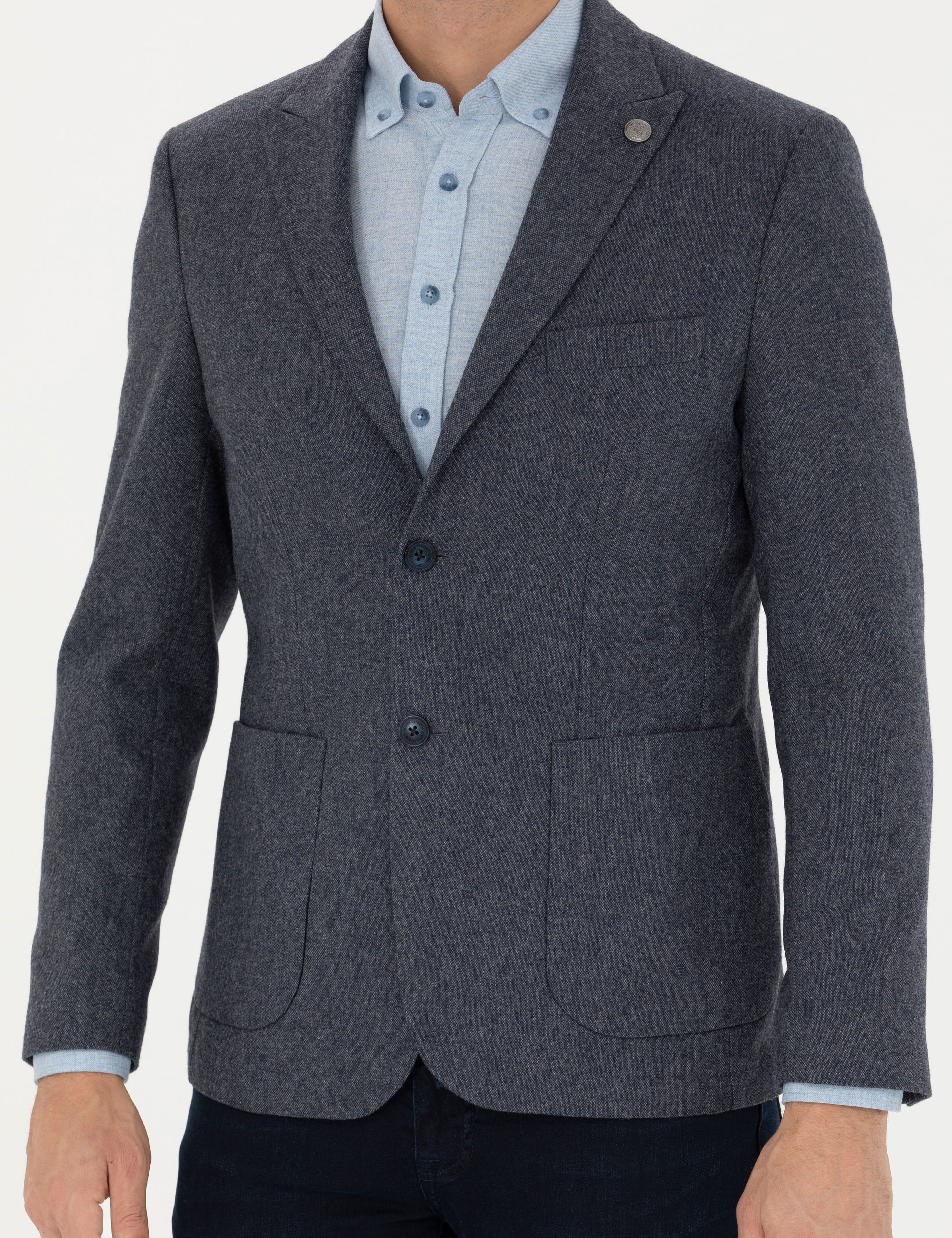 Lacivert Yün Karışımlı Slim Fit Ceket